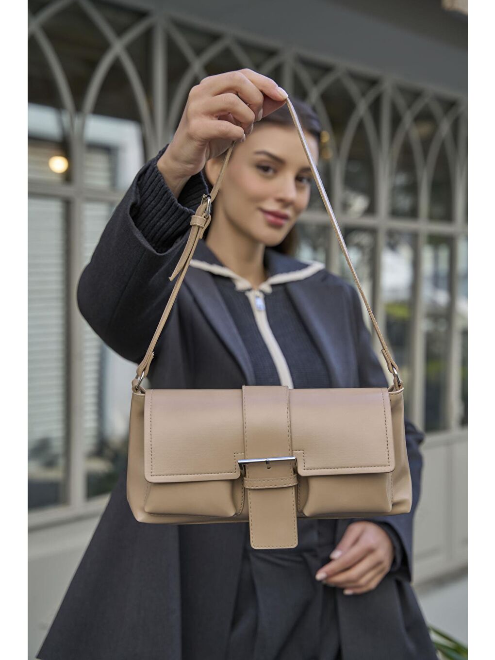 Bej Kaplamalı El Ve  Omuz Çantasi Vizon-1
