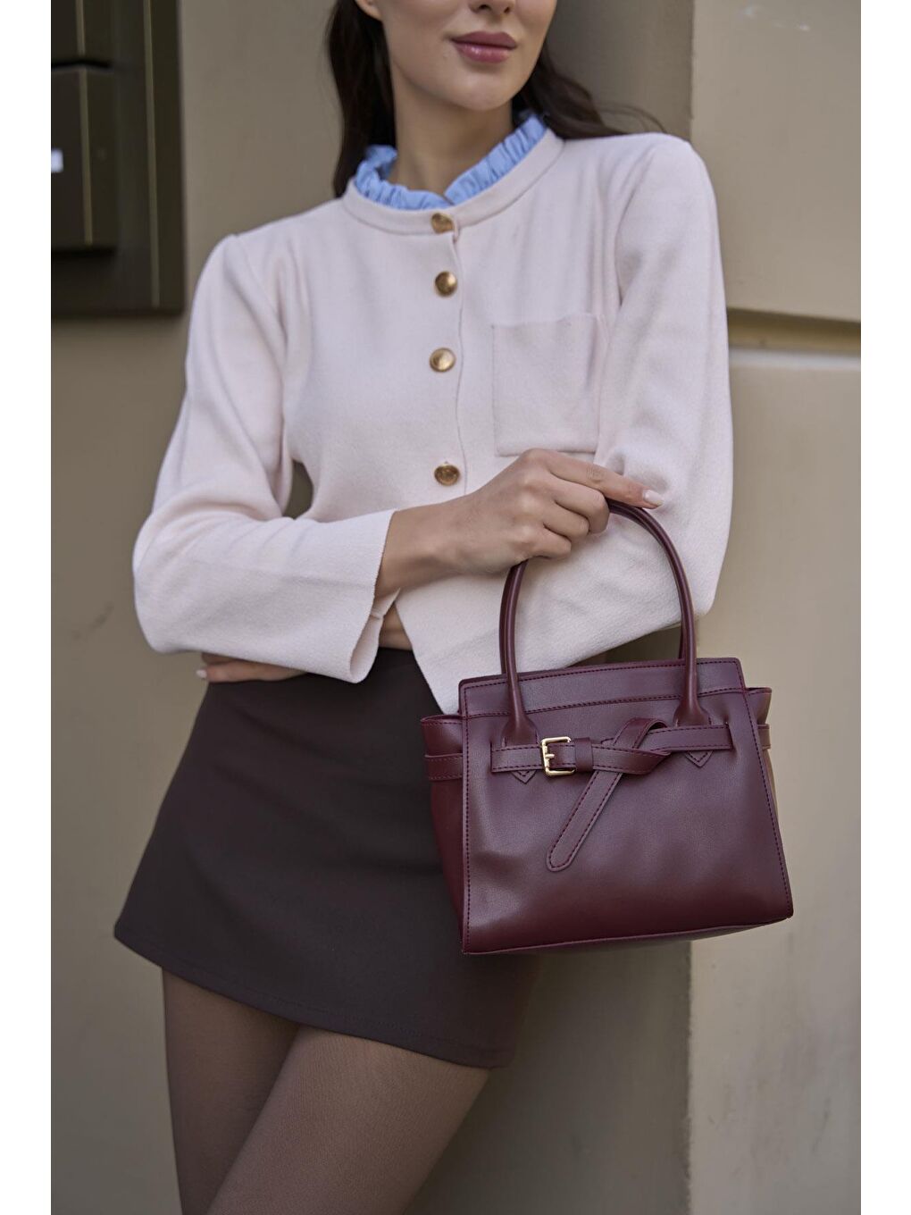 Mini Kemer Detaylı El Ve Omuz Çantası Bordo-1