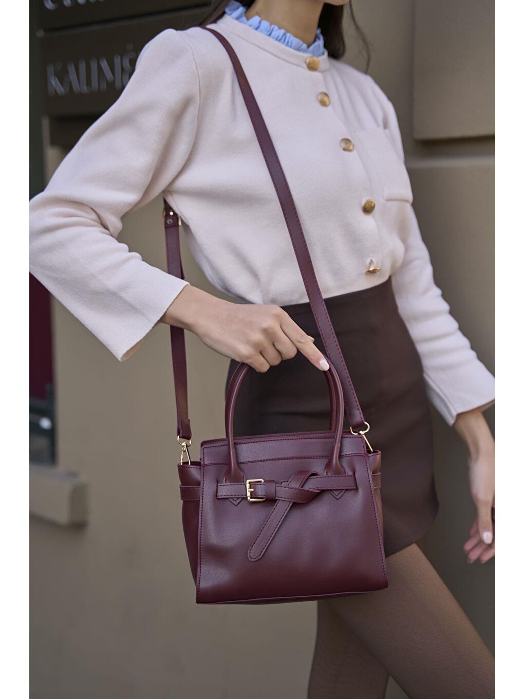 Mini Kemer Detaylı El Ve Omuz Çantası Bordo-2