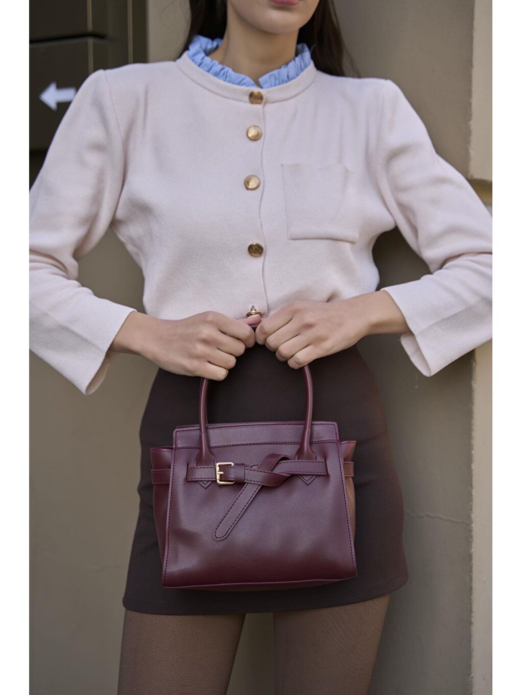 Mini Kemer Detaylı El Ve Omuz Çantası Bordo-3