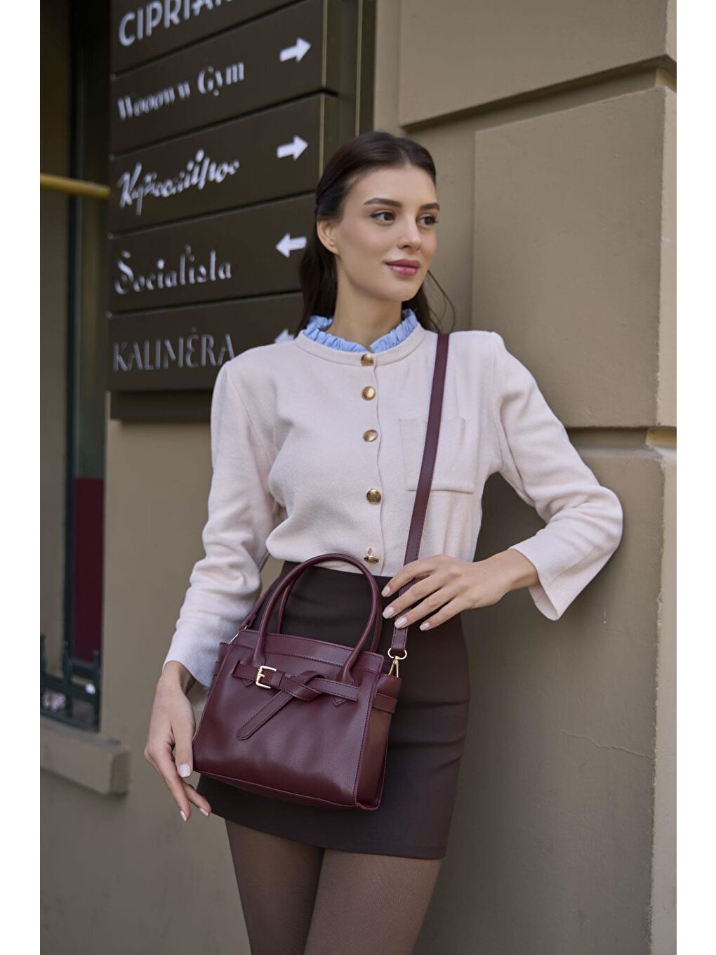 Mini Kemer Detaylı El Ve Omuz Çantası Bordo-4