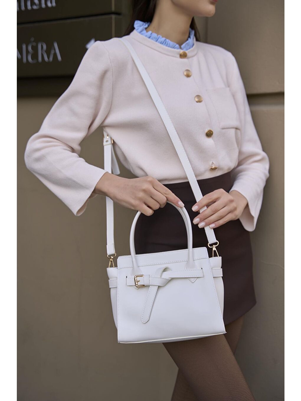 Mini Kemer Detaylı El Ve Omuz Çantası Beyaz-1