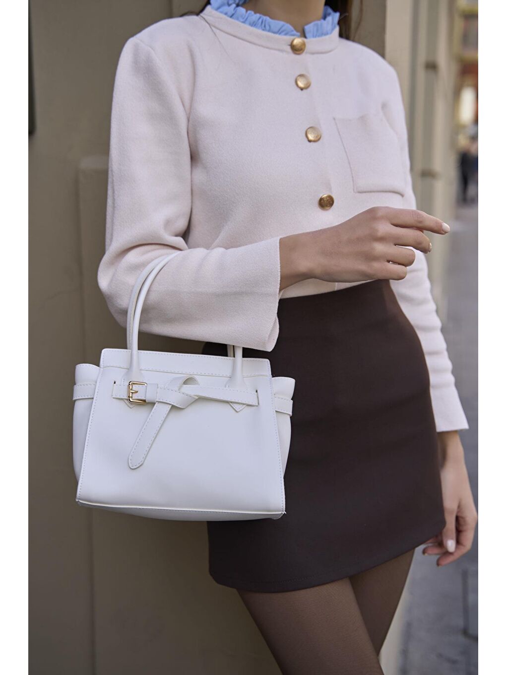 Mini Kemer Detaylı El Ve Omuz Çantası Beyaz-2