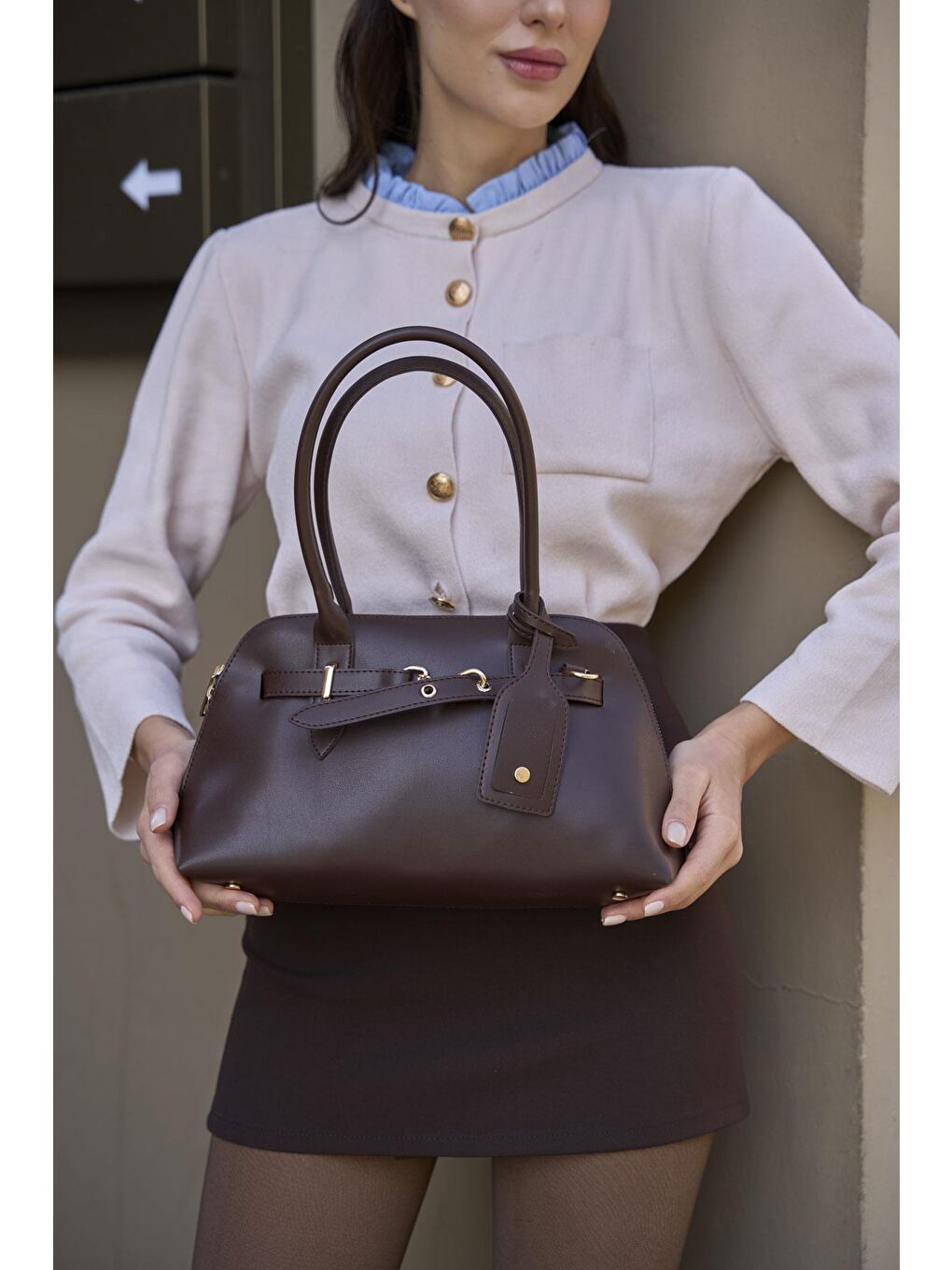 Gold Aksesuarlı Retro Çanta El Ve Omuz Çantası Kahverengi