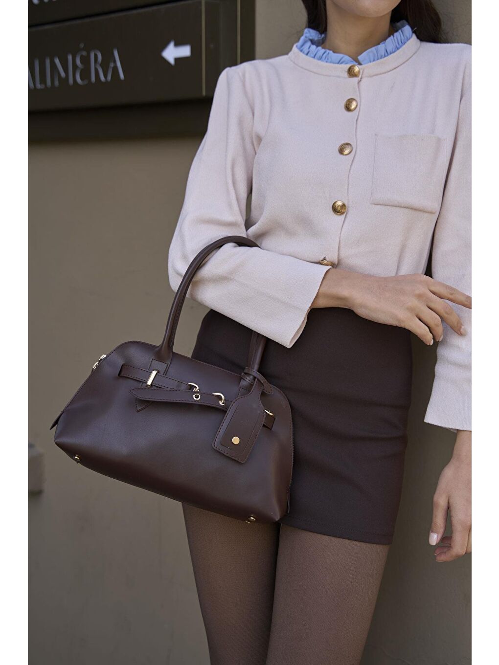 Gold Aksesuarlı Retro Çanta El Ve Omuz Çantası Kahverengi-1