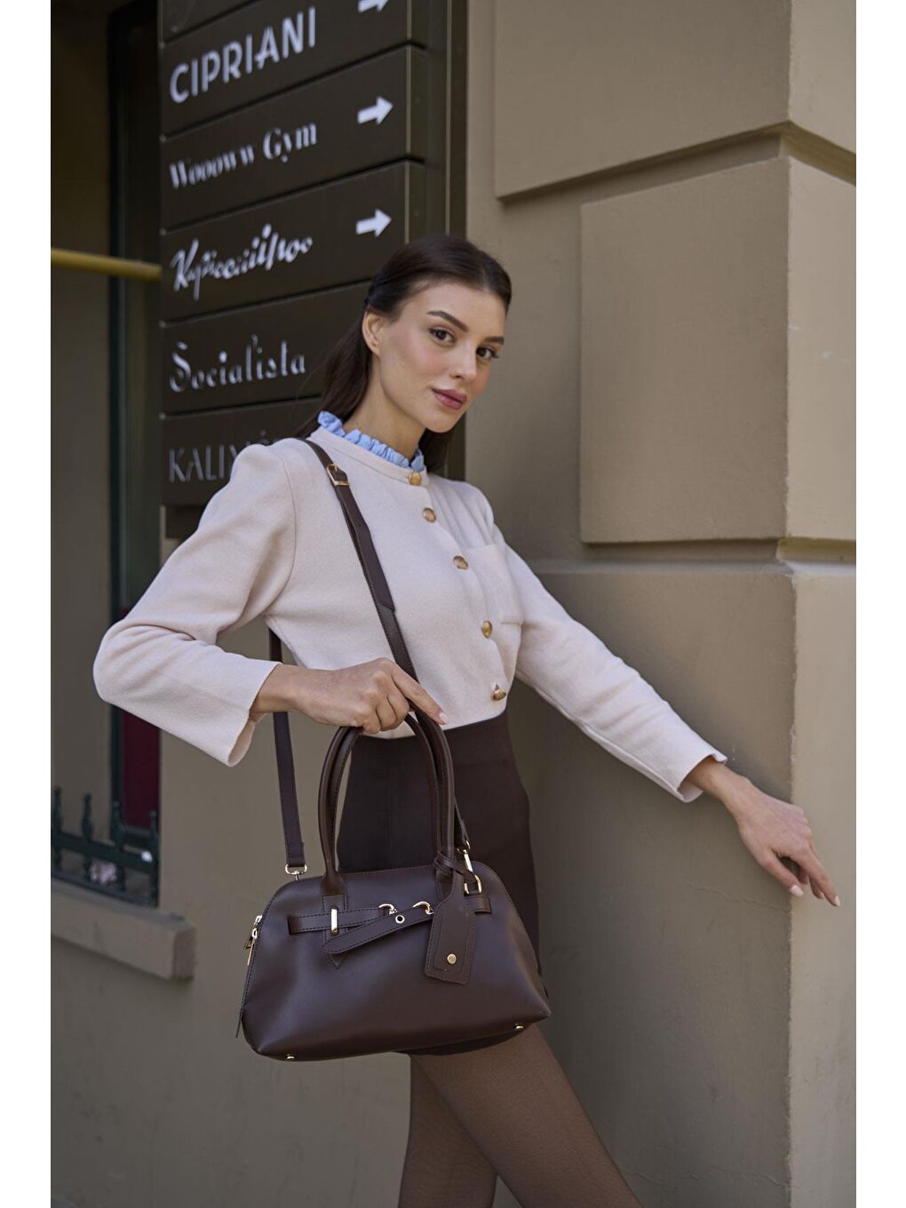 Gold Aksesuarlı Retro Çanta El Ve Omuz Çantası Kahverengi-2