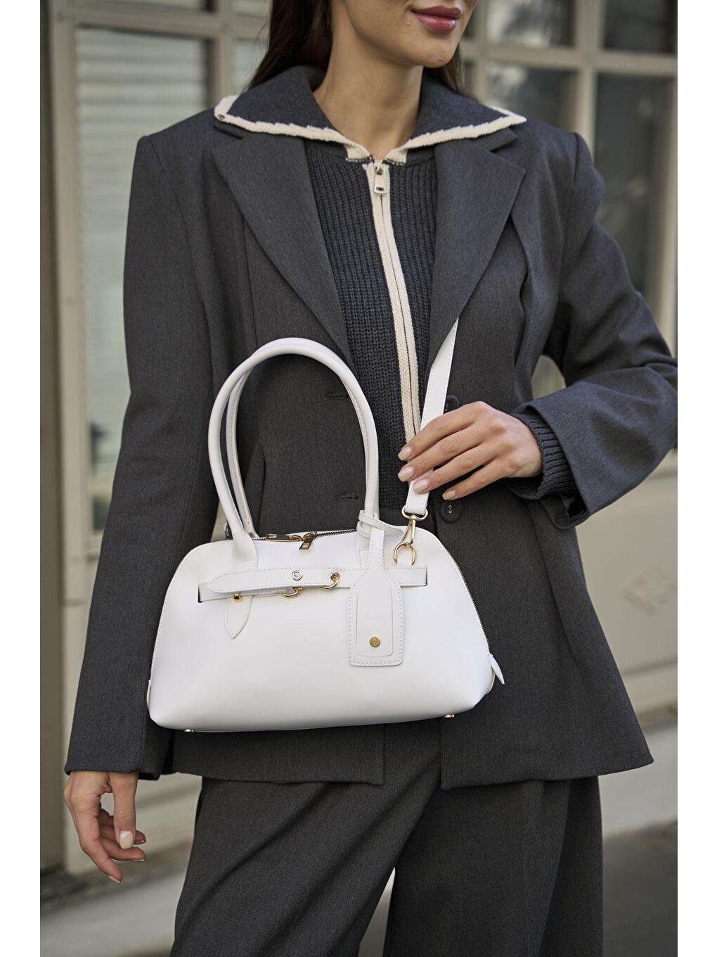 Gold Aksesuarlı Retro Çanta El Ve Omuz Çantası Beyaz-1