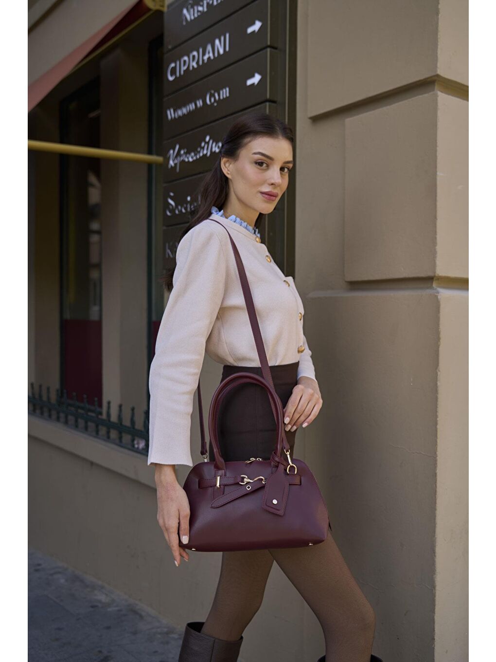 Gold Aksesuarlı Retro Çanta El Ve Omuz Çantası Bordo-1