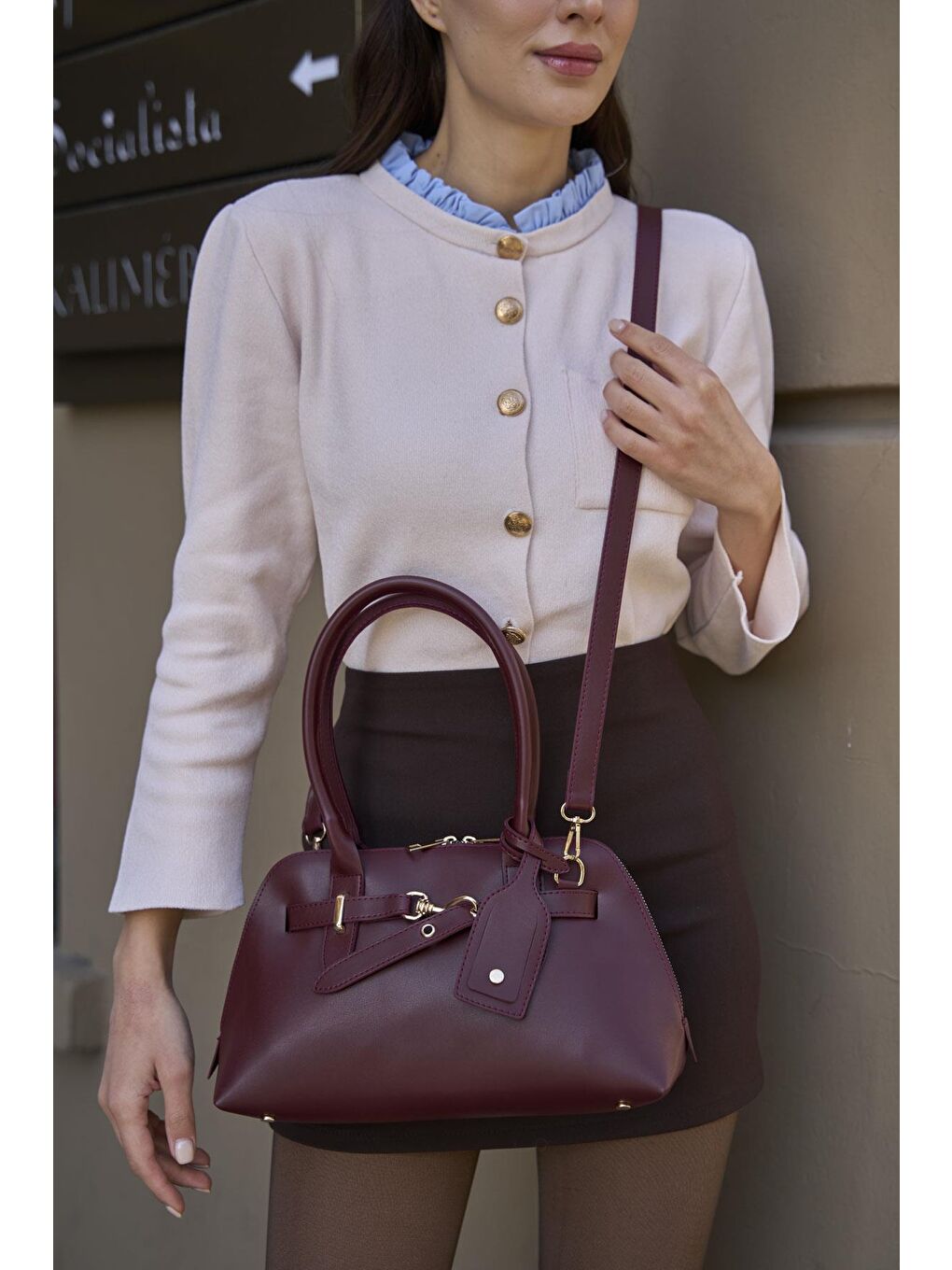 Gold Aksesuarlı Retro Çanta El Ve Omuz Çantası Bordo-2