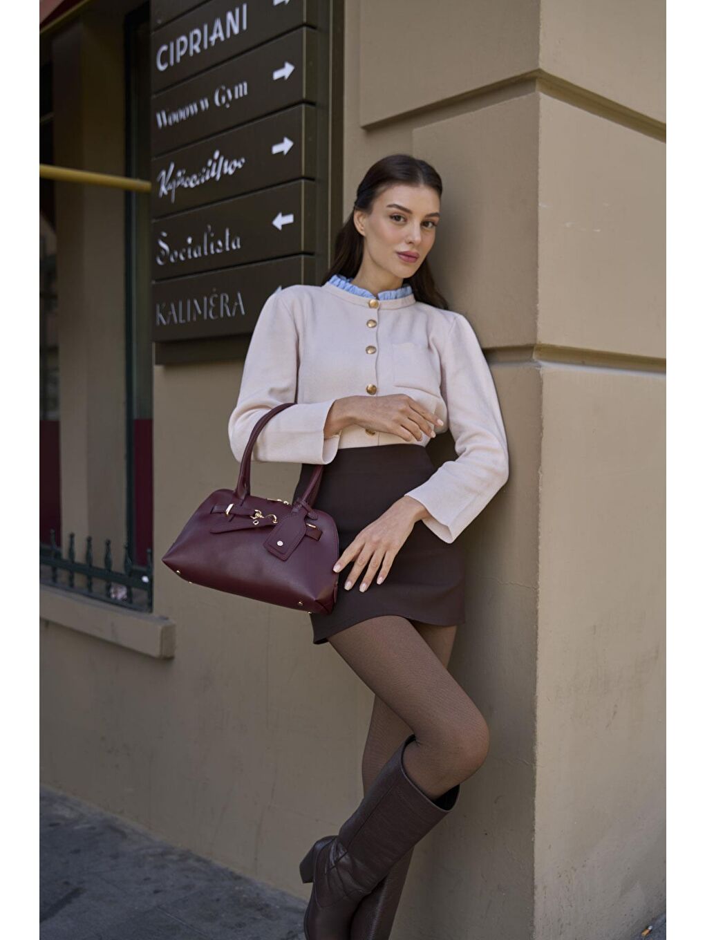 Gold Aksesuarlı Retro Çanta El Ve Omuz Çantası Bordo-3