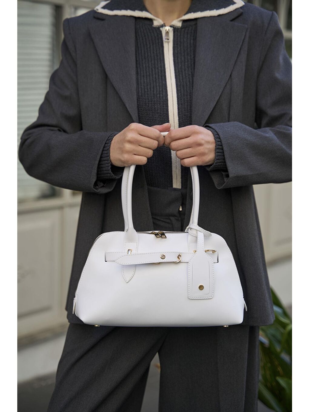 Gold Aksesuarlı Retro Çanta El Ve Omuz Çantası Beyaz-4