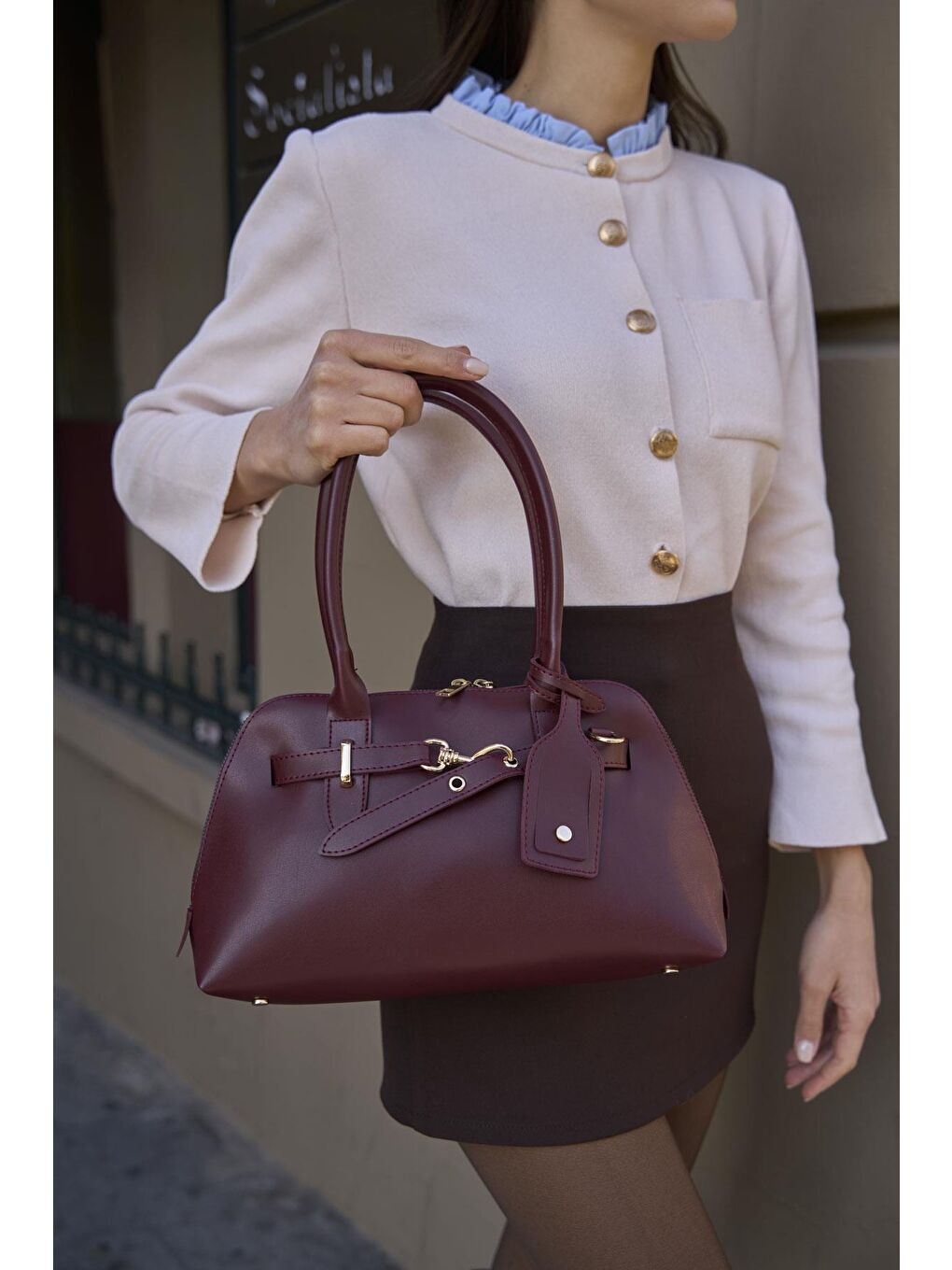 Gold Aksesuarlı Retro Çanta El Ve Omuz Çantası Bordo-4