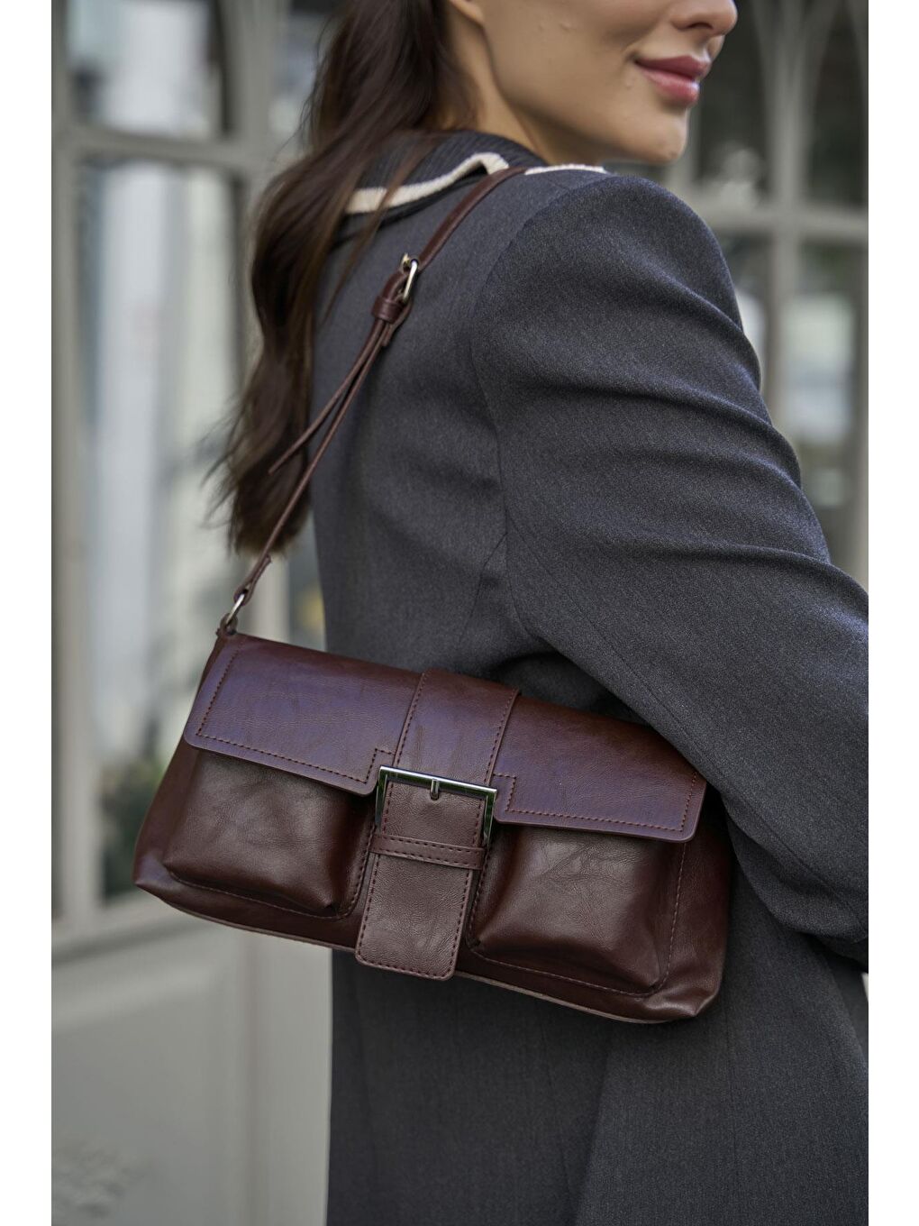 Kaplamalı El Ve  Omuz Çantasi Kahverengi-2