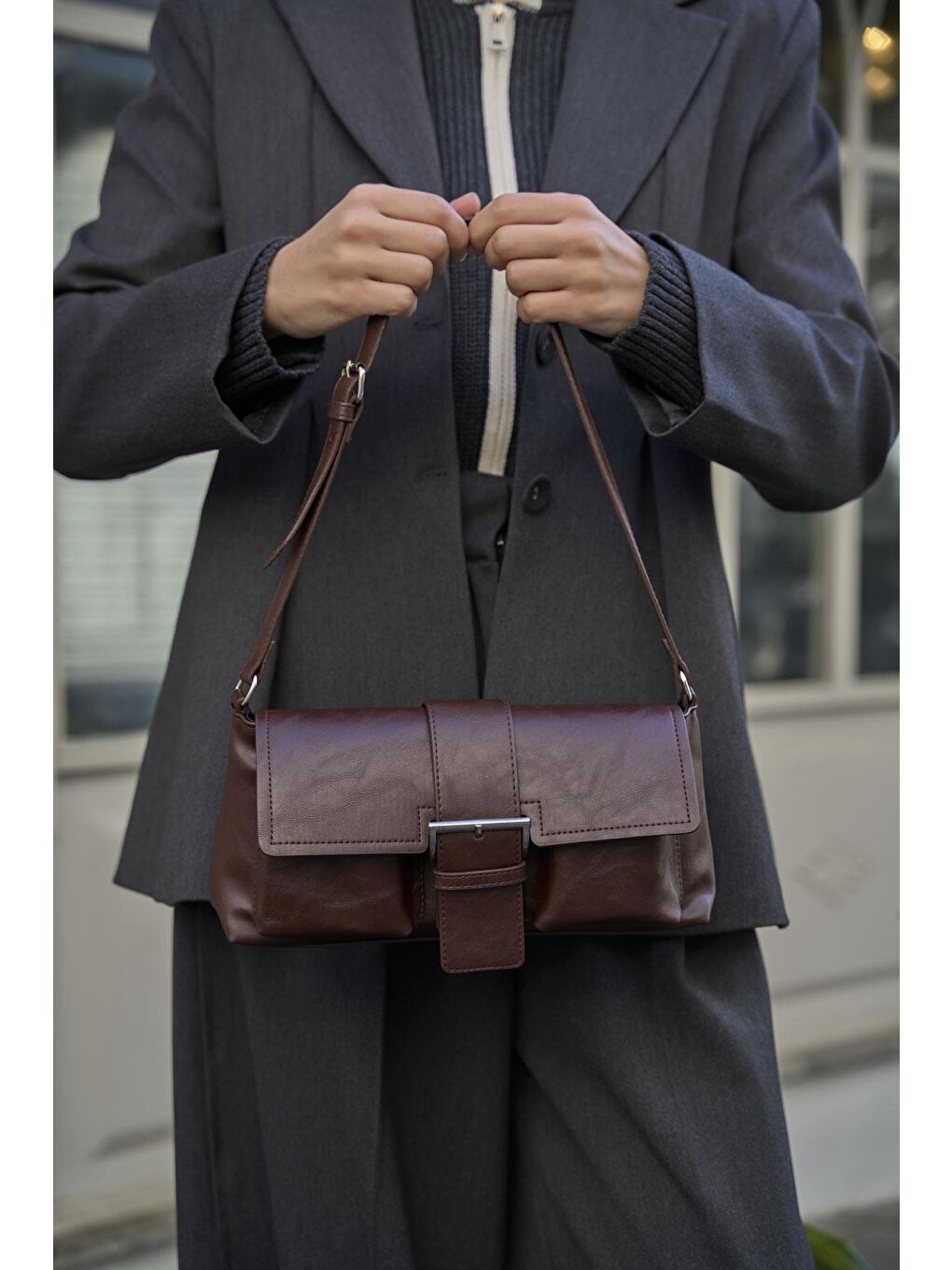 Kaplamalı El Ve  Omuz Çantasi Kahverengi-3