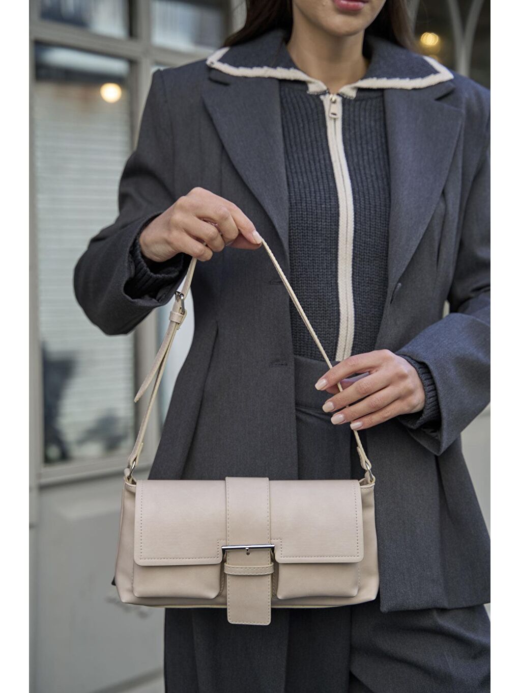 Kaplamalı El Ve  Omuz Çantasi Bej-4