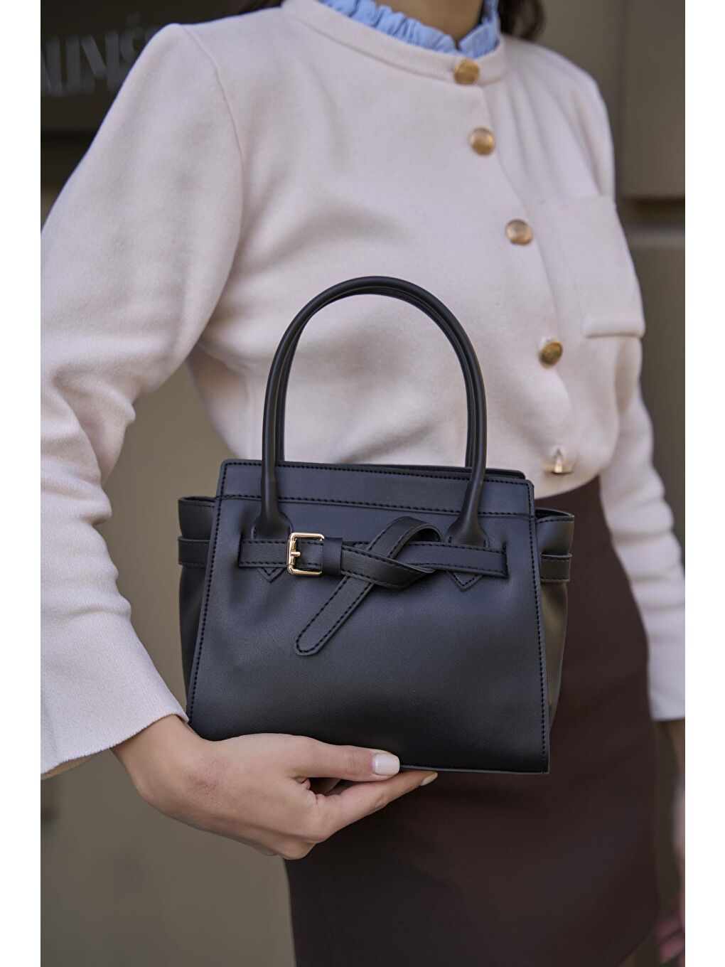 Mini Kemer Detaylı El Ve Omuz Çantası Siyah