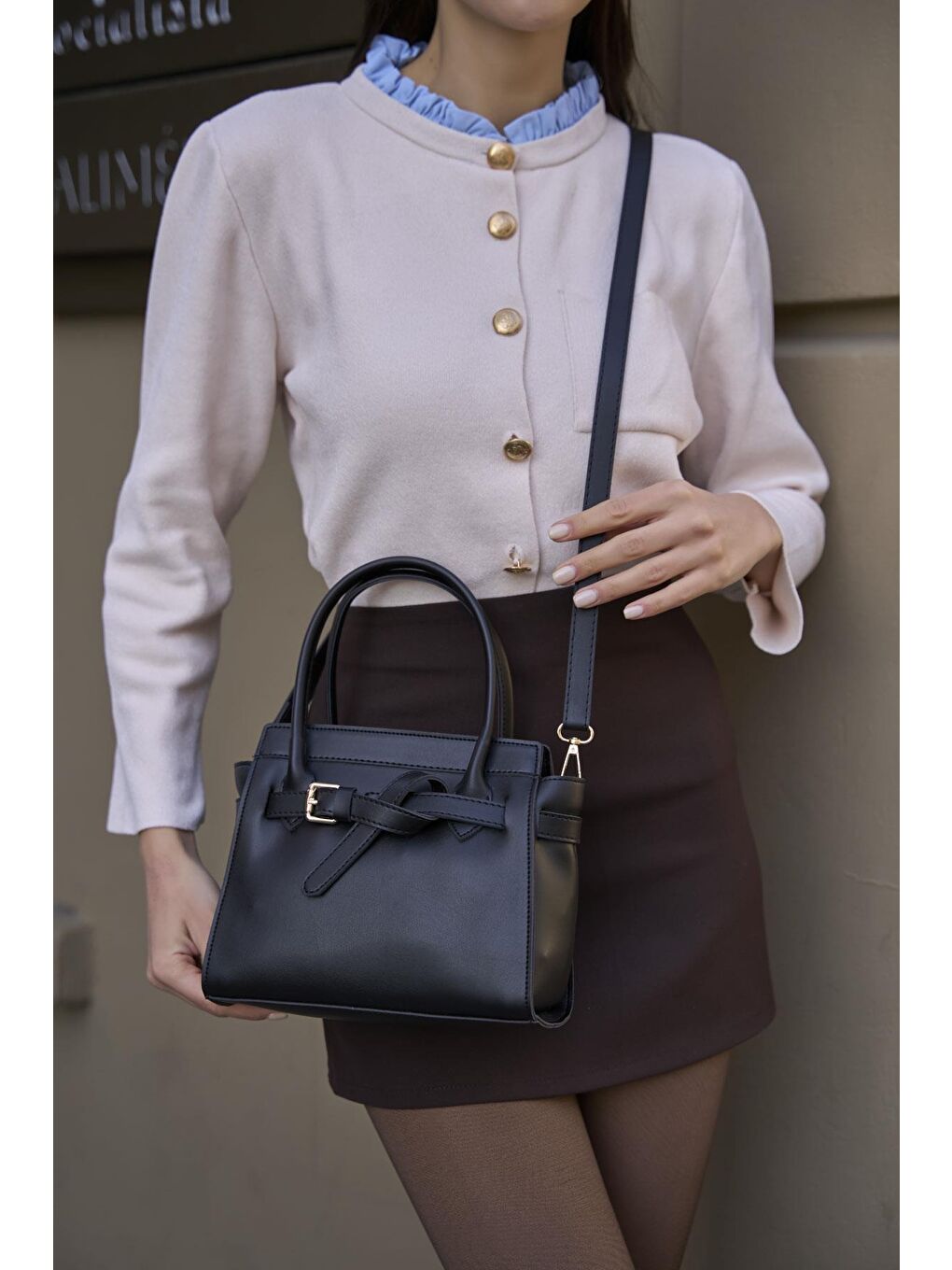 Mini Kemer Detaylı El Ve Omuz Çantası Siyah-2