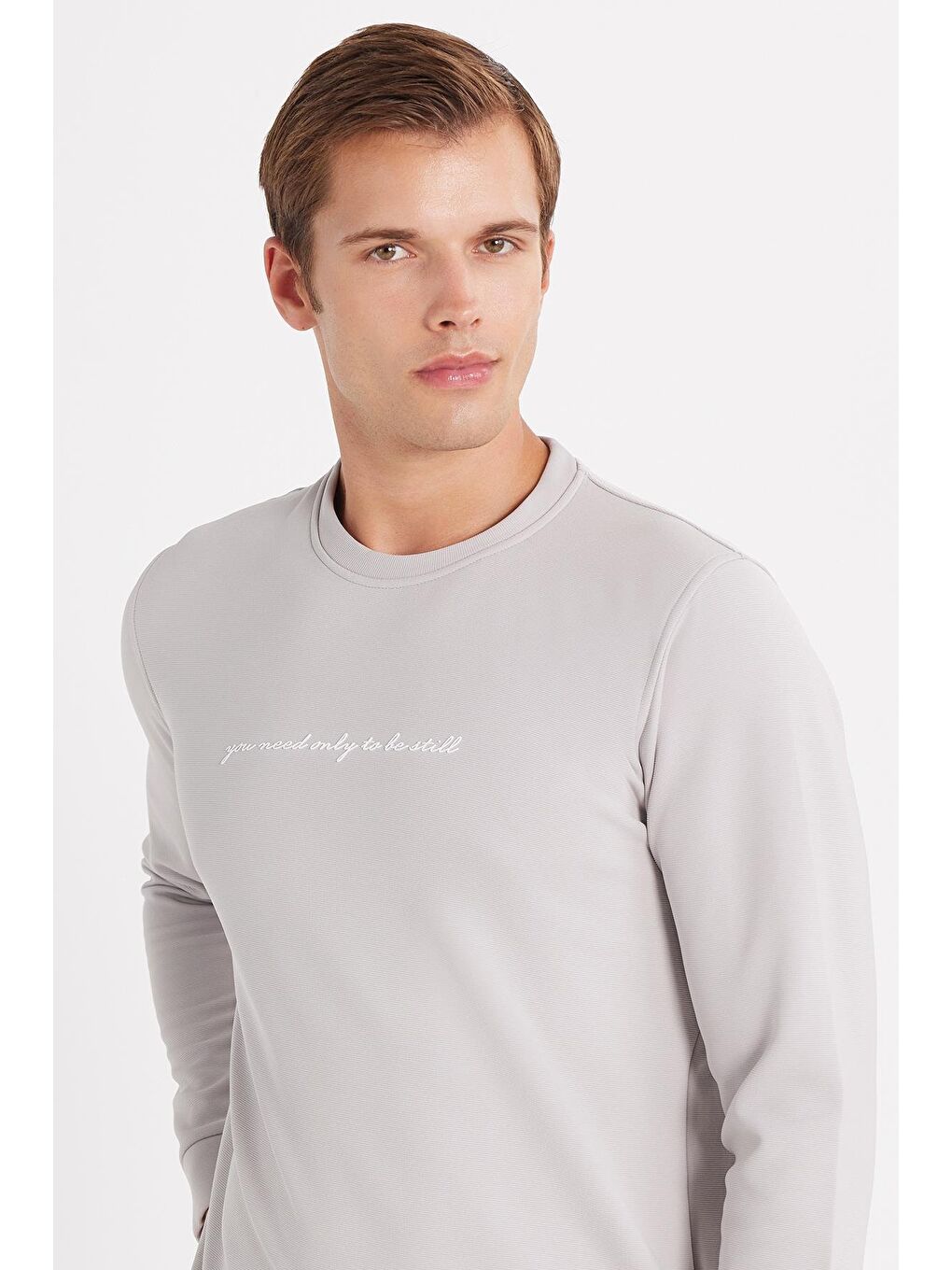 Erkek Standart Fit Pamuklu Bisiklet Yaka Şardonlu Baskılı Açık Gri Sweatshirt-1