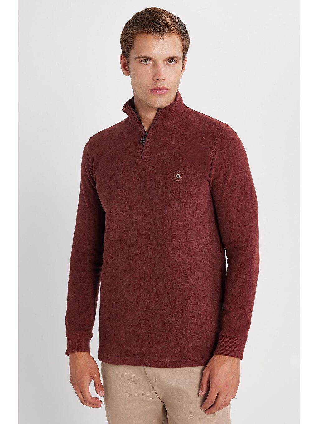 Kahverengi Erkek Slim Fit Dar Kesim Pamuklu Selanik Kumaş Yarım Fermuarlı Kiremit Dik Yaka Sweatshirt