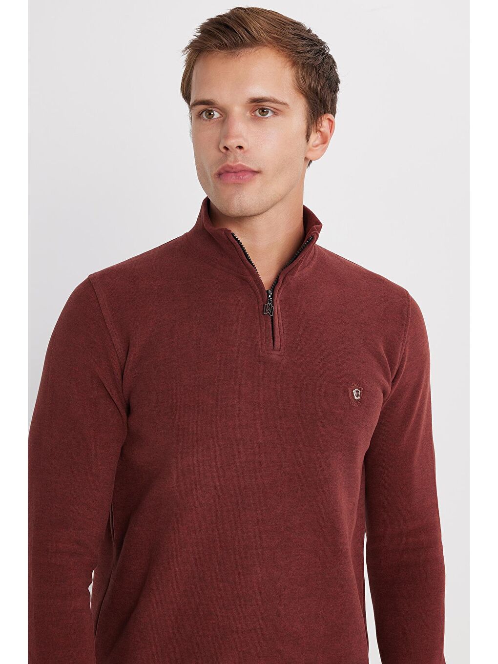 Kahverengi Erkek Slim Fit Dar Kesim Pamuklu Selanik Kumaş Yarım Fermuarlı Kiremit Dik Yaka Sweatshirt-1