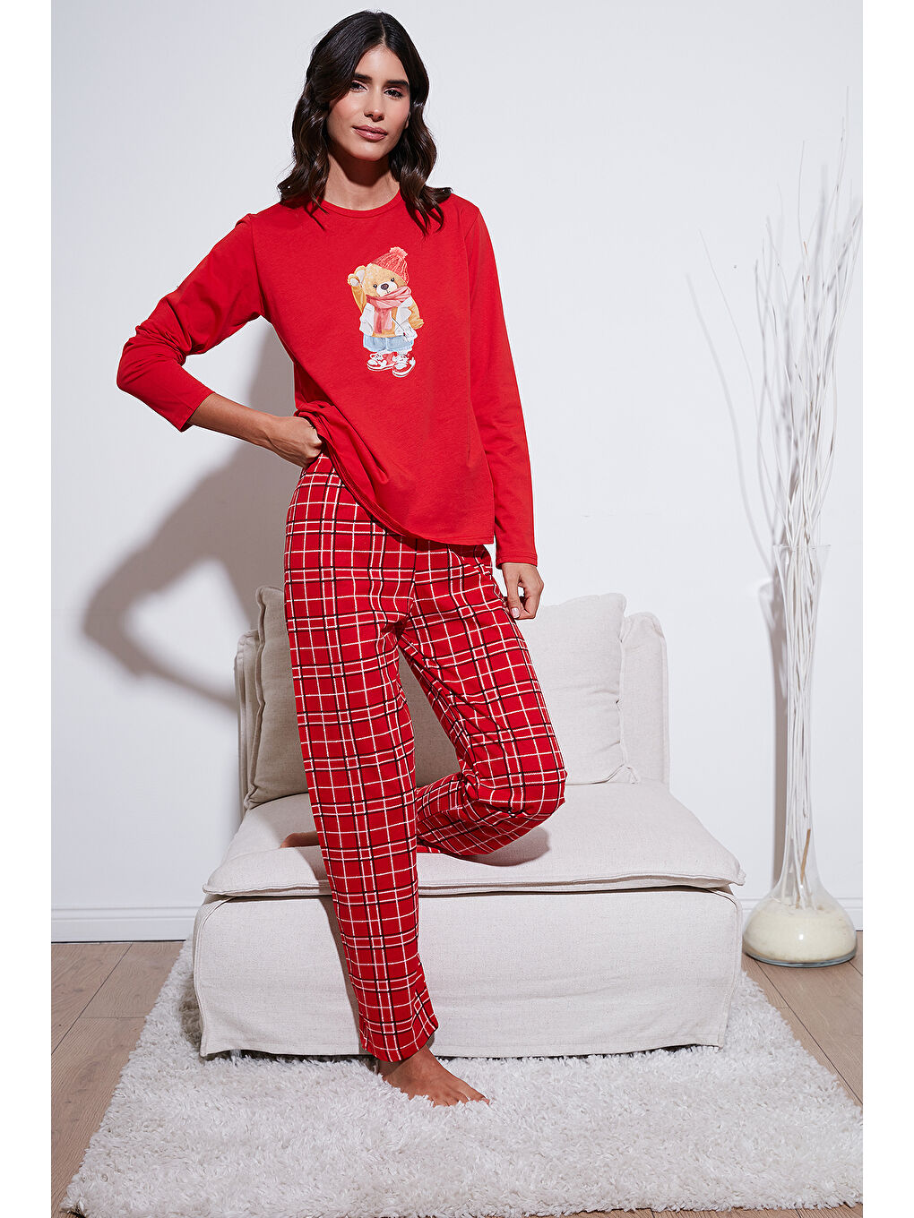 Kırmızı Pamuklu Regular Fit Baskılı Bisiklet Yaka Pijama Takımı 65723313