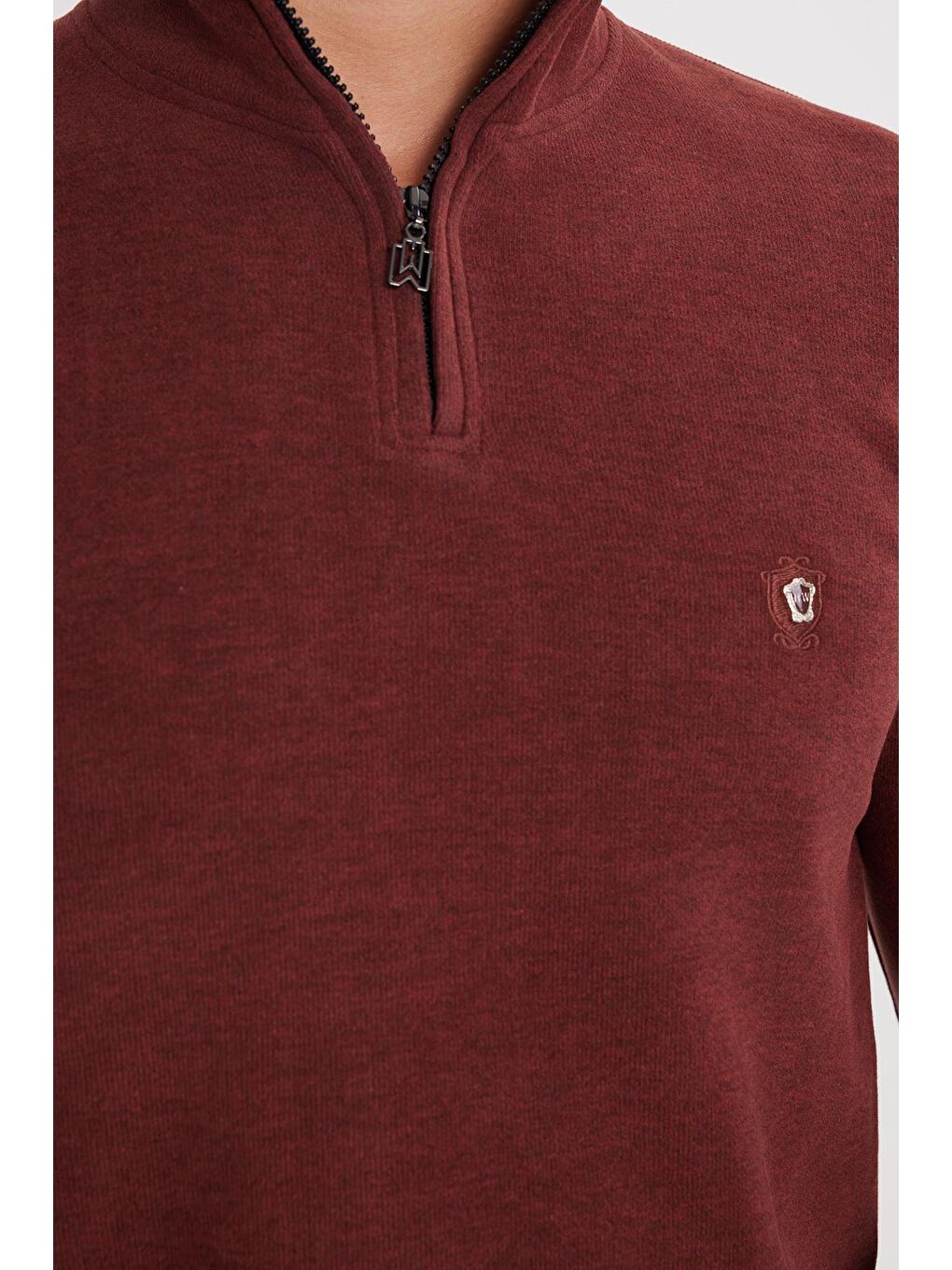 Kahverengi Erkek Slim Fit Dar Kesim Pamuklu Selanik Kumaş Yarım Fermuarlı Kiremit Dik Yaka Sweatshirt-2