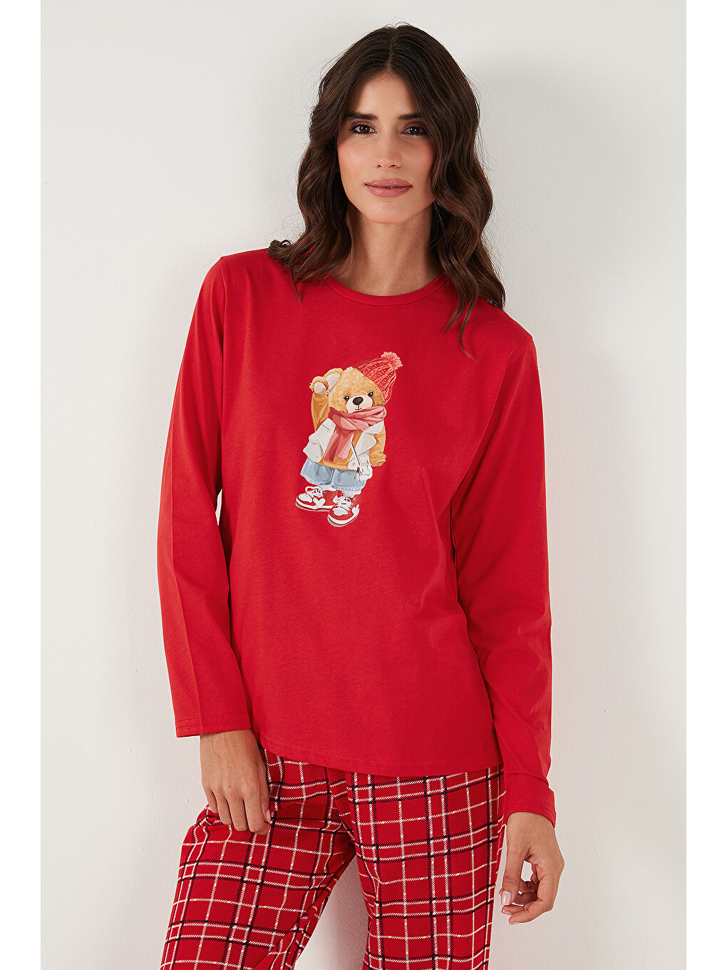 Kırmızı Pamuklu Regular Fit Baskılı Bisiklet Yaka Pijama Takımı 65723313-1