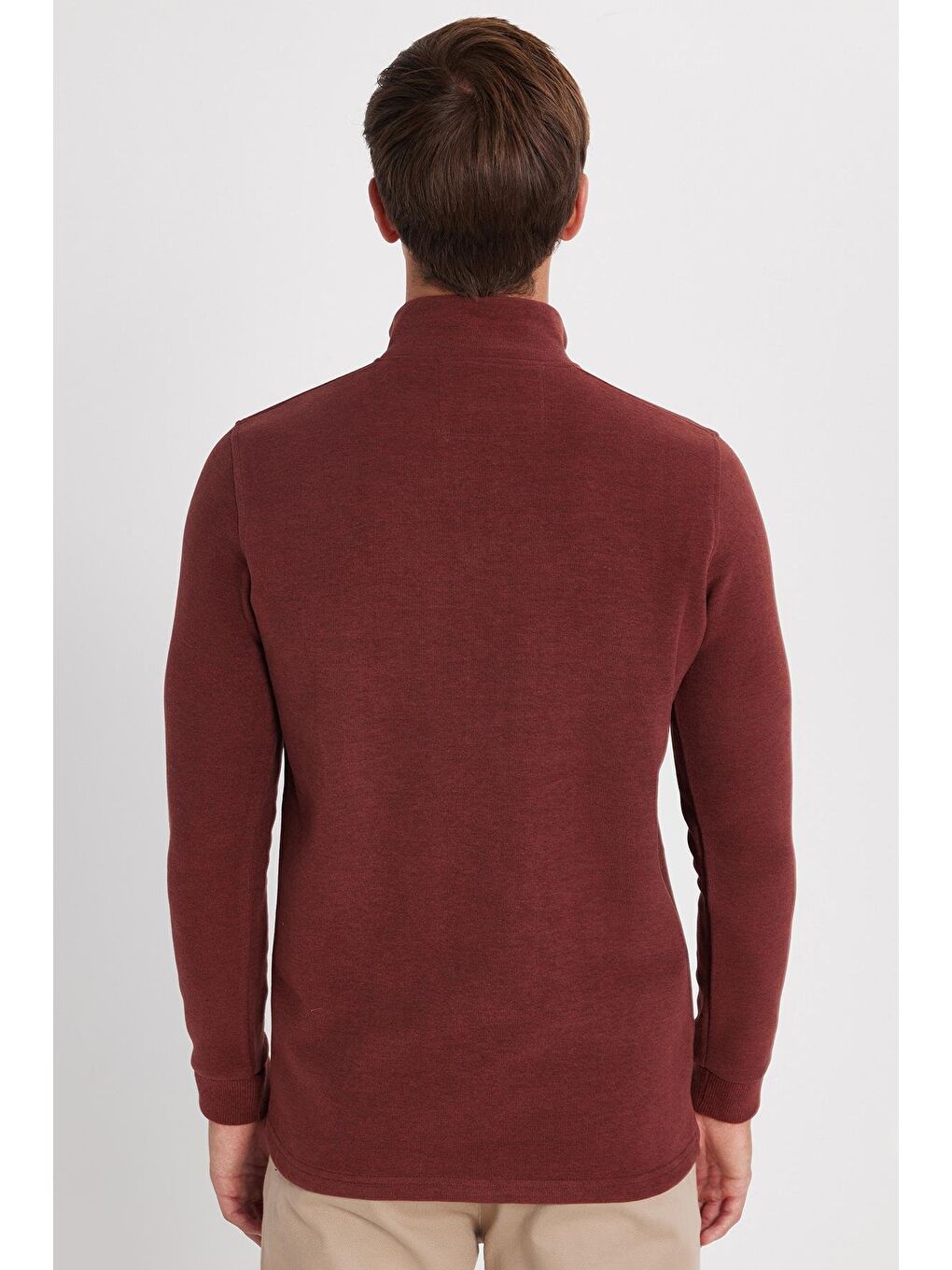 Kahverengi Erkek Slim Fit Dar Kesim Pamuklu Selanik Kumaş Yarım Fermuarlı Kiremit Dik Yaka Sweatshirt-4