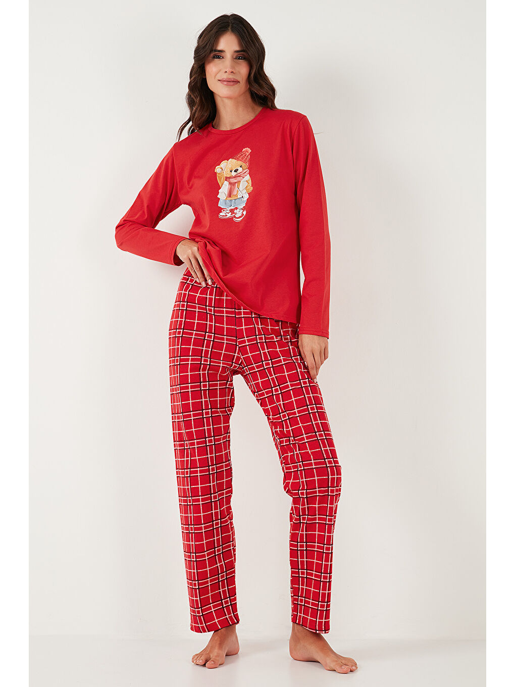 Kırmızı Pamuklu Regular Fit Baskılı Bisiklet Yaka Pijama Takımı 65723313-3