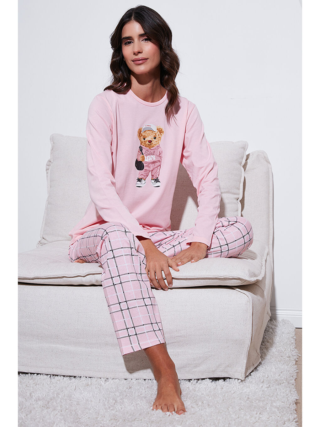 Pembe Pamuklu Regular Fit Baskılı Bisiklet Yaka Pijama Takımı 65723313