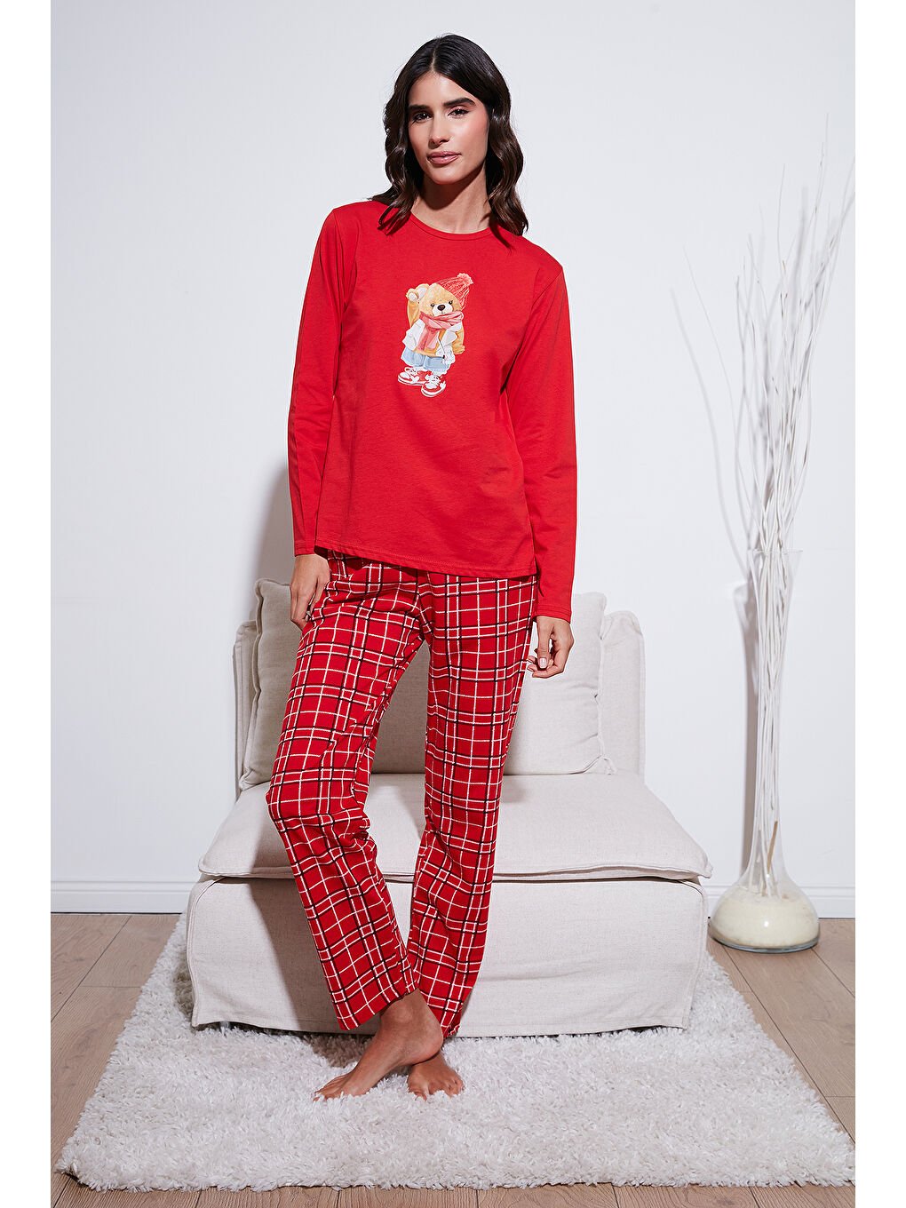 Kırmızı Pamuklu Regular Fit Baskılı Bisiklet Yaka Pijama Takımı 65723313-4