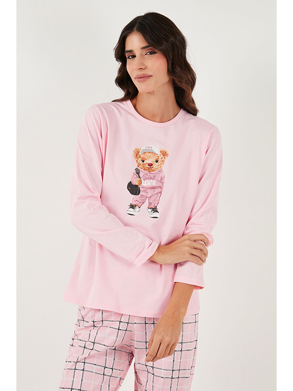 Pembe Pamuklu Regular Fit Baskılı Bisiklet Yaka Pijama Takımı 65723313-1