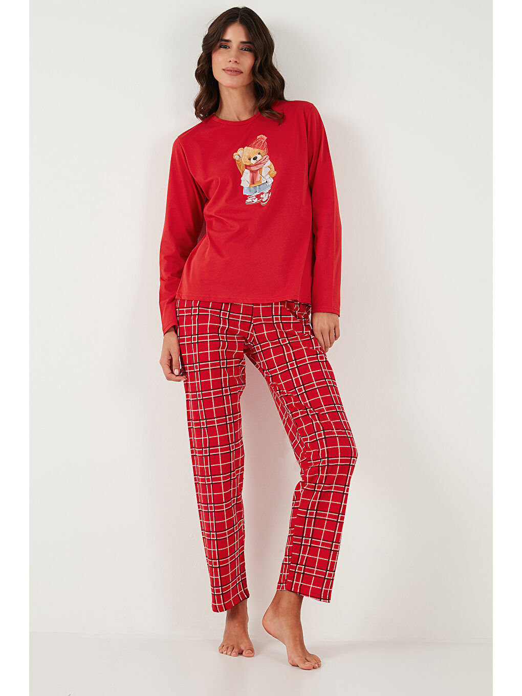 Kırmızı Pamuklu Regular Fit Baskılı Bisiklet Yaka Pijama Takımı 65723313-5