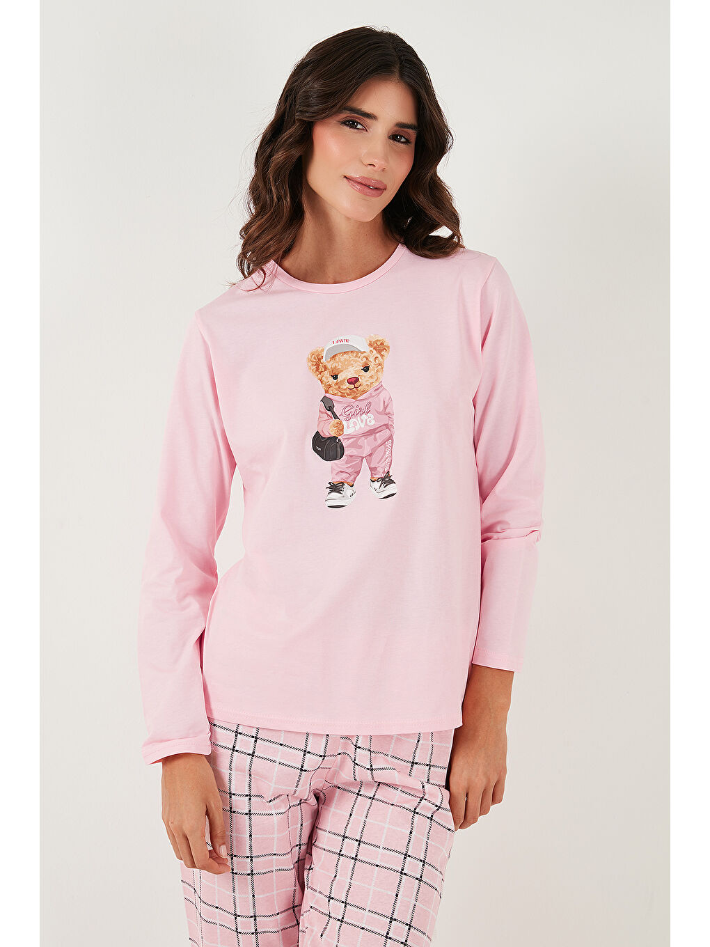 Pembe Pamuklu Regular Fit Baskılı Bisiklet Yaka Pijama Takımı 65723313-3