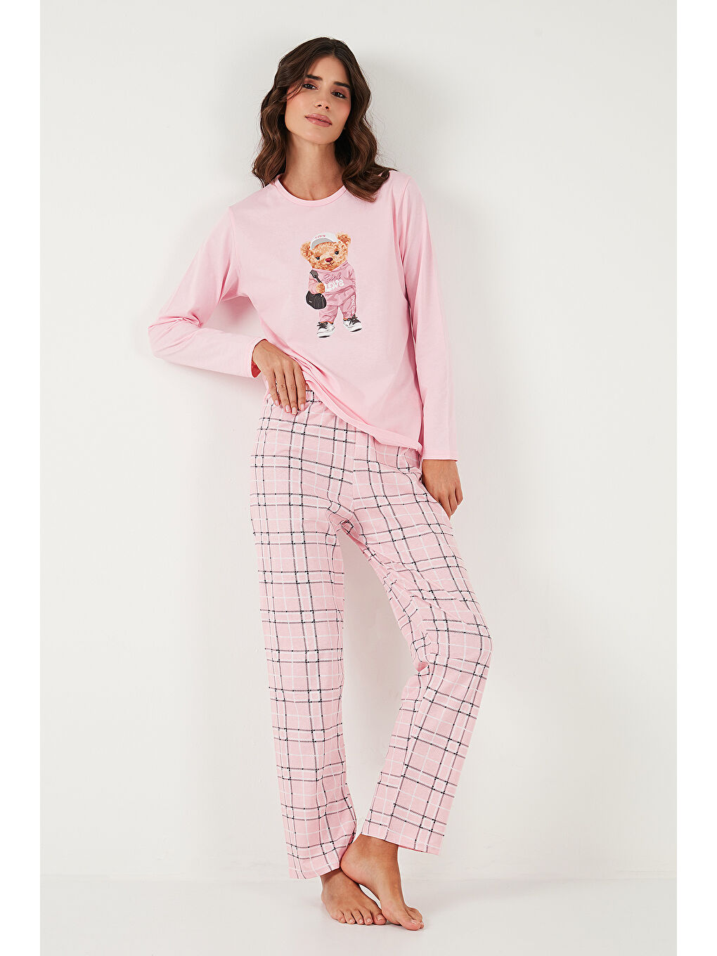Pembe Pamuklu Regular Fit Baskılı Bisiklet Yaka Pijama Takımı 65723313-4
