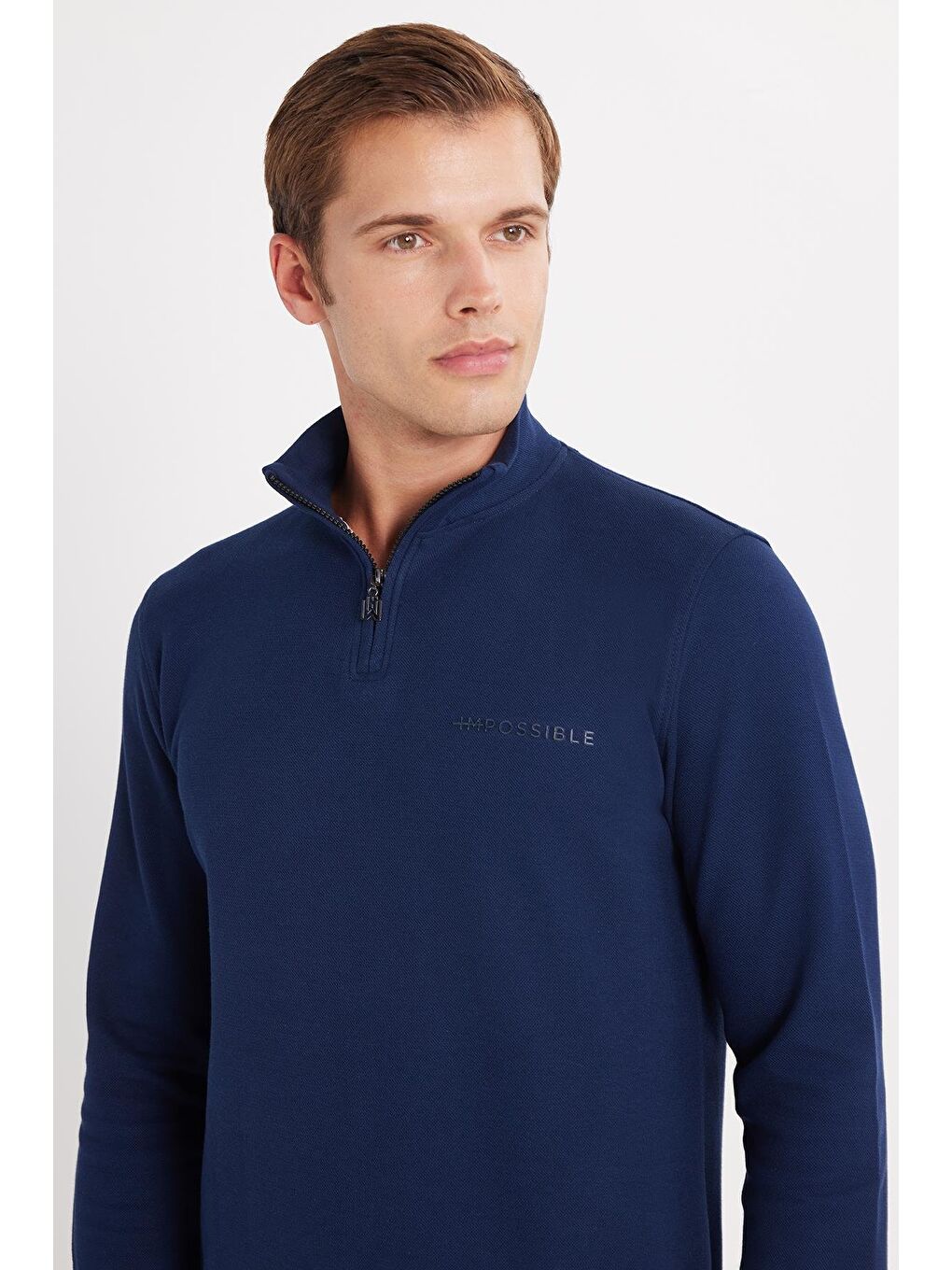 Erkek Slim Fit Dar Kesim Pamuklu Yarım Fermuarlı Dik Yaka Lacivert Sweatshirt-1