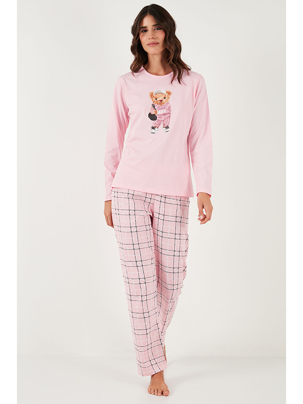 Pembe Pamuklu Regular Fit Baskılı Bisiklet Yaka Pijama Takımı 65723313-5