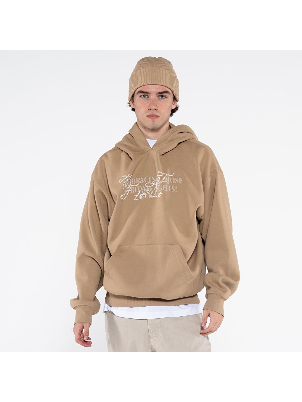 Friday Offset Noche Erkek Koyu Bej Kanguru Cepli Kapüşonlu Ekstra Oversize Sweatshirt Hoodie