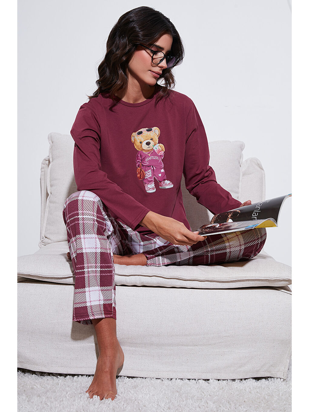 Bordo Pamuklu Regular Fit Baskılı Bisiklet Yaka Pijama Takımı 65723314