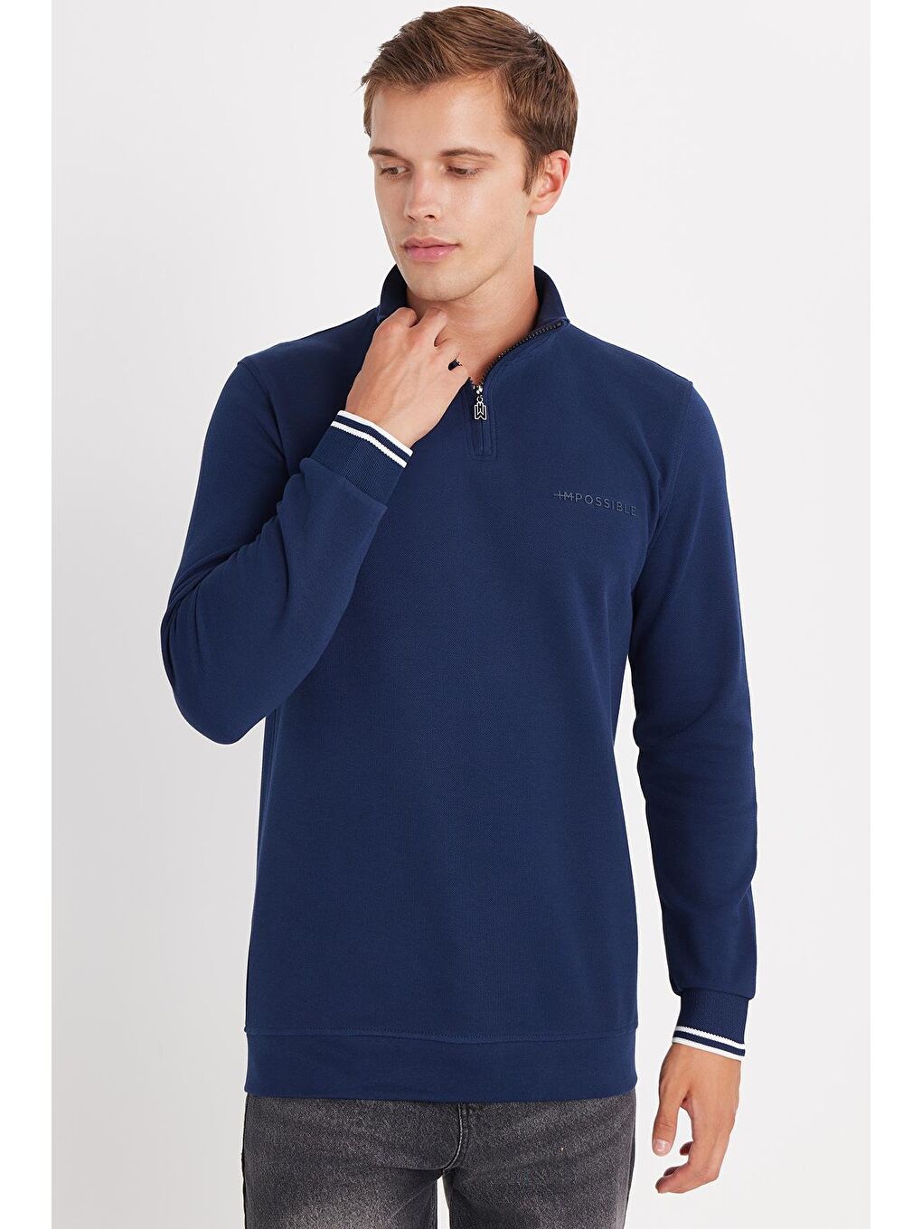 Erkek Slim Fit Dar Kesim Pamuklu Yarım Fermuarlı Dik Yaka Lacivert Sweatshirt-3