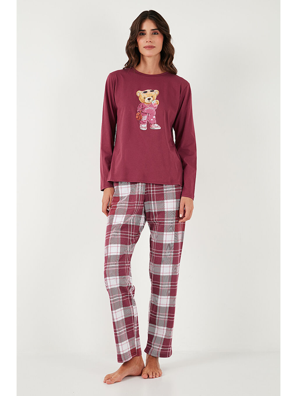 Bordo Pamuklu Regular Fit Baskılı Bisiklet Yaka Pijama Takımı 65723314-1