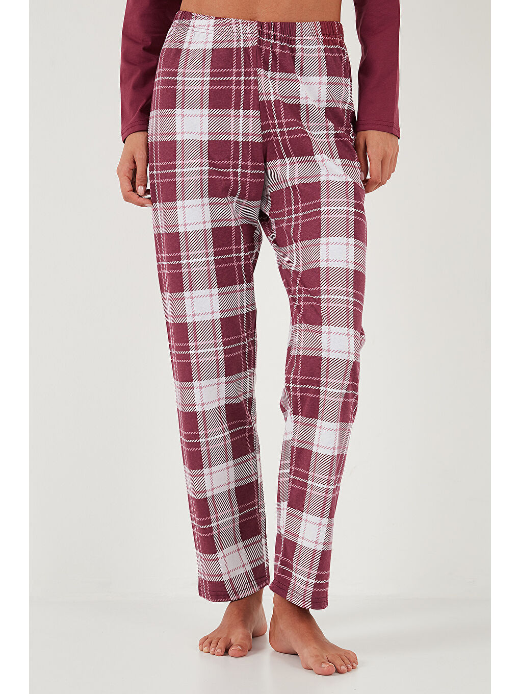 Bordo Pamuklu Regular Fit Baskılı Bisiklet Yaka Pijama Takımı 65723314-2