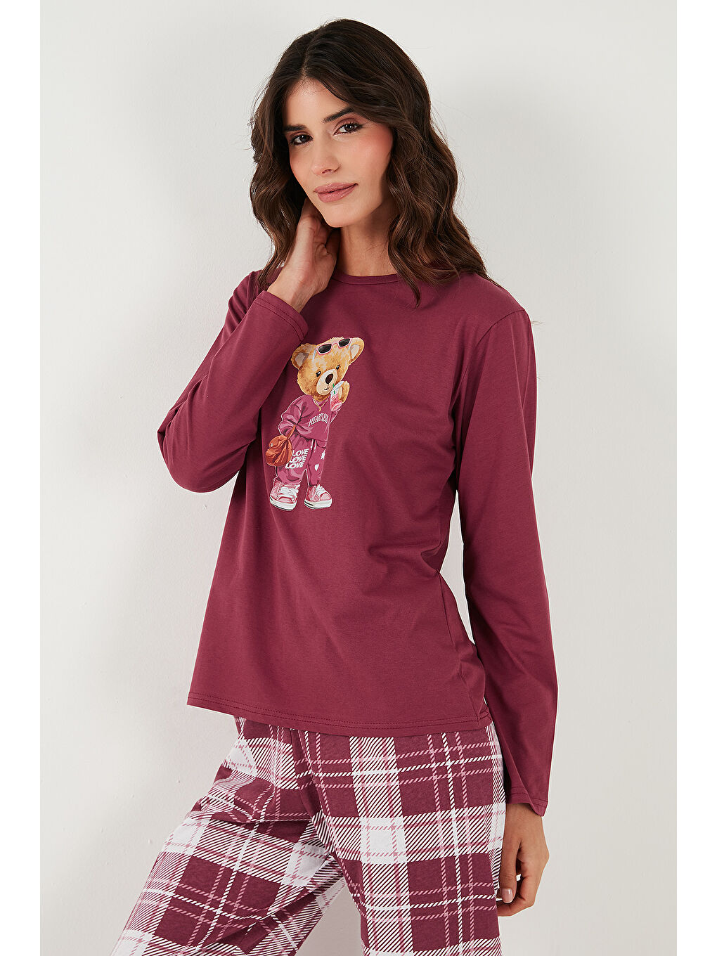 Bordo Pamuklu Regular Fit Baskılı Bisiklet Yaka Pijama Takımı 65723314-3