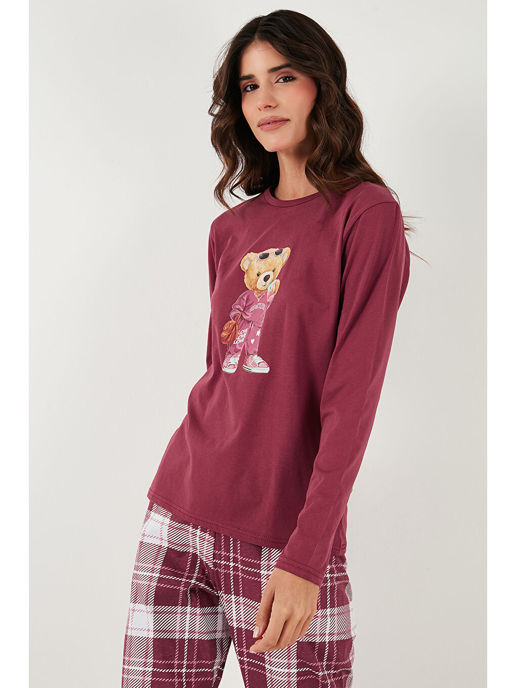 Bordo Pamuklu Regular Fit Baskılı Bisiklet Yaka Pijama Takımı 65723314-4