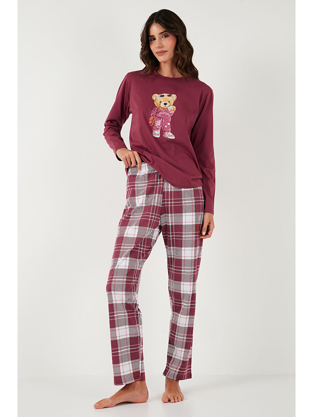 Bordo Pamuklu Regular Fit Baskılı Bisiklet Yaka Pijama Takımı 65723314-5