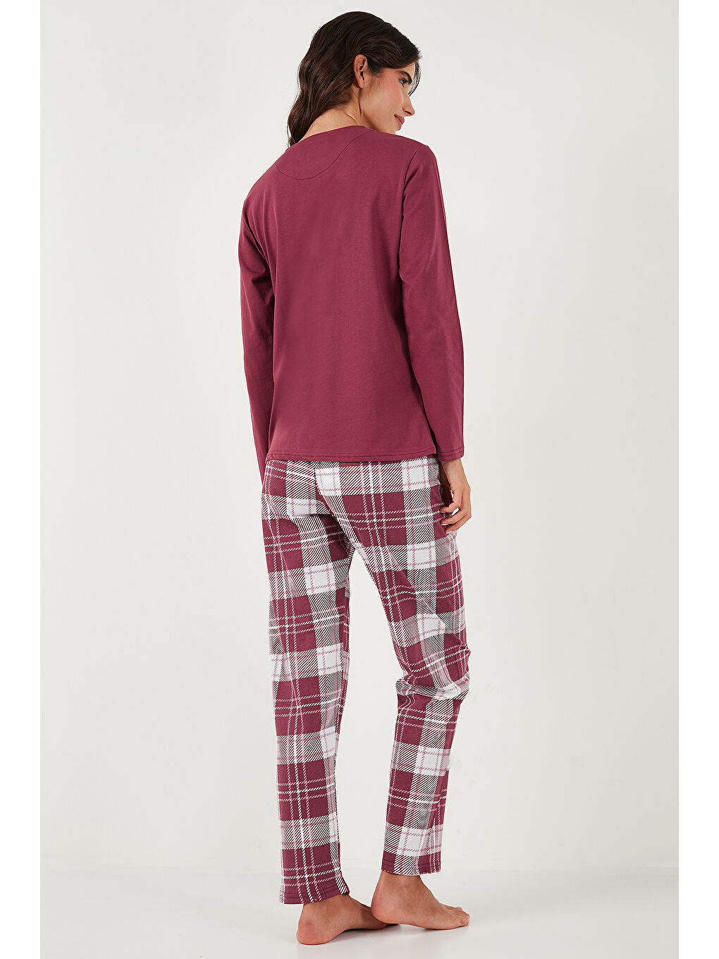 Bordo Pamuklu Regular Fit Baskılı Bisiklet Yaka Pijama Takımı 65723314-6