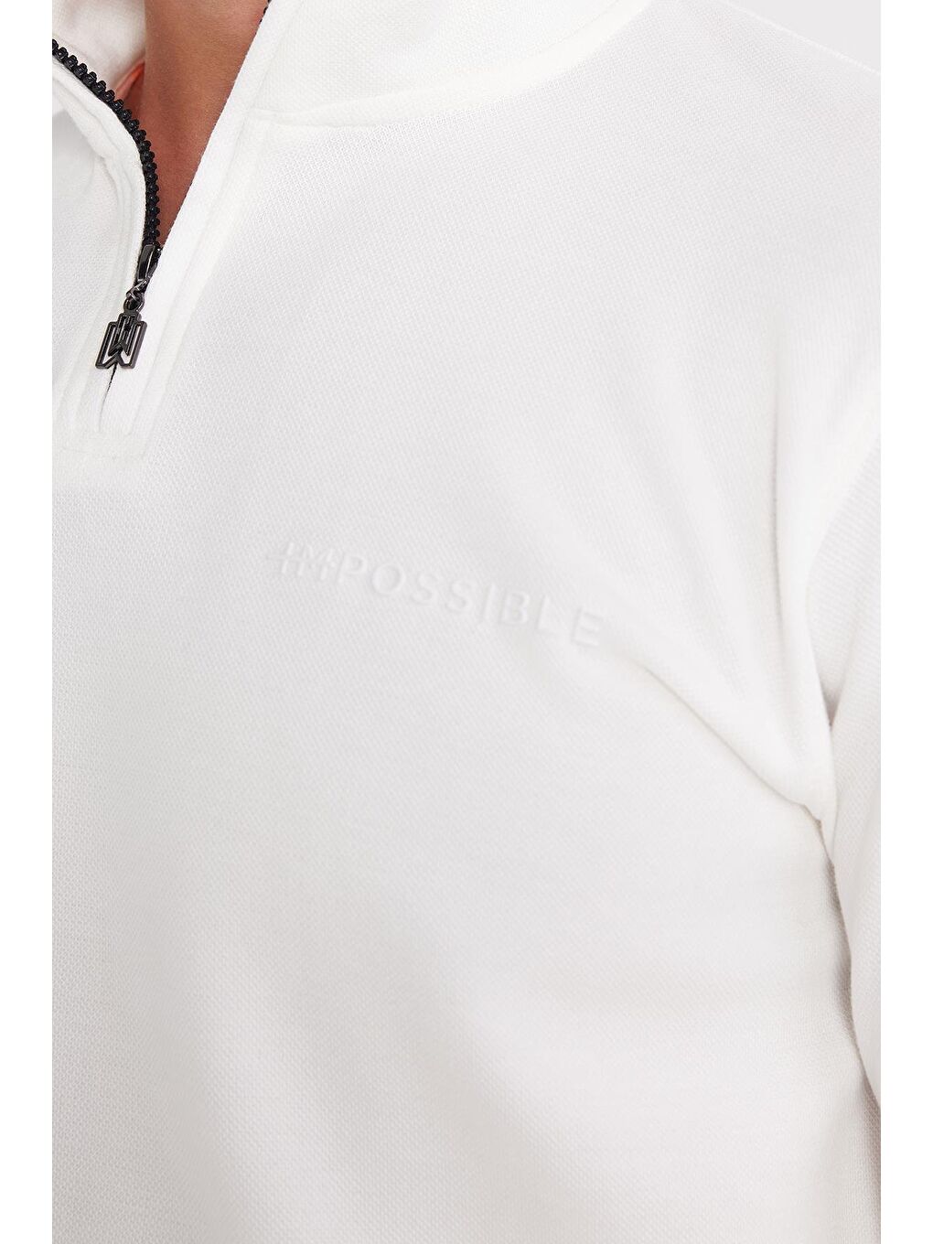 Erkek Slim Fit Dar Kesim Pamuklu Yarım Fermuarlı Dik Yaka Beyaz Sweatshirt-1