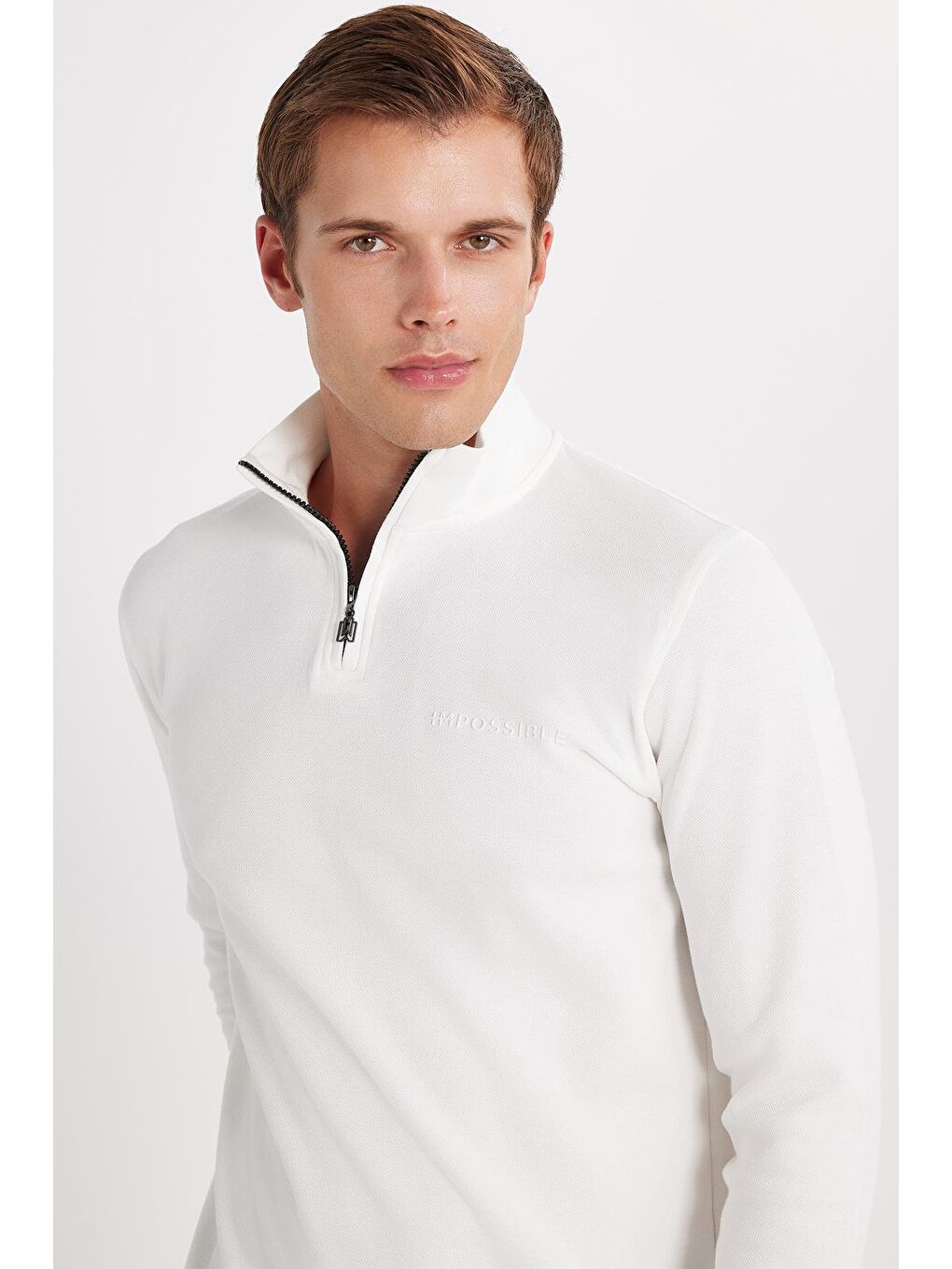 Erkek Slim Fit Dar Kesim Pamuklu Yarım Fermuarlı Dik Yaka Beyaz Sweatshirt-2