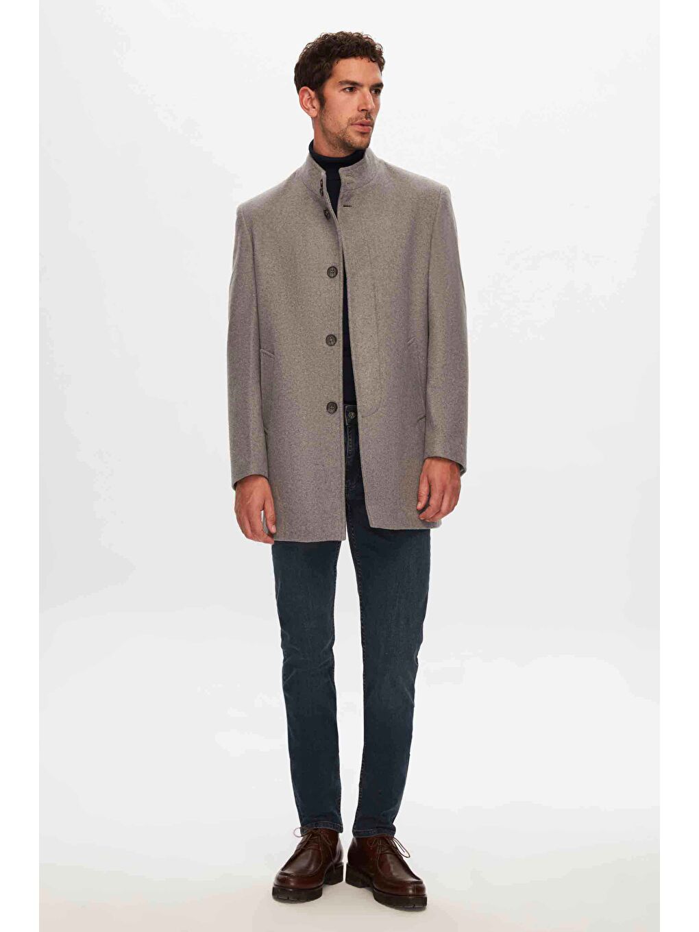 Regular Fit Gri Hakim Yaka Kaşe Kaban-5
