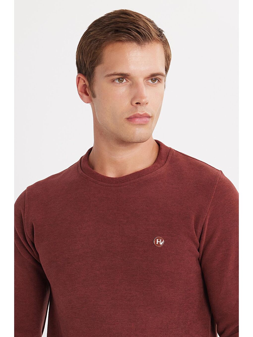 Kahverengi Erkek Slim Fit Dar Kesim Pamuklu Selanik Kumaş Bisiklet Yaka Kiremit Sweatshirt-1